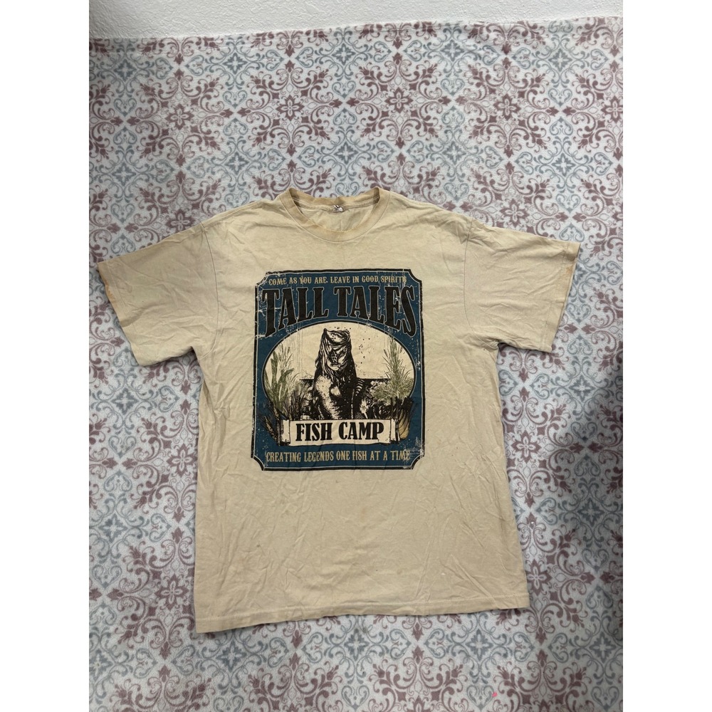 Delta Pro Weight Tall Tales Fish Camp Graphic T-Shirt Tan Mens XL Vintage Look